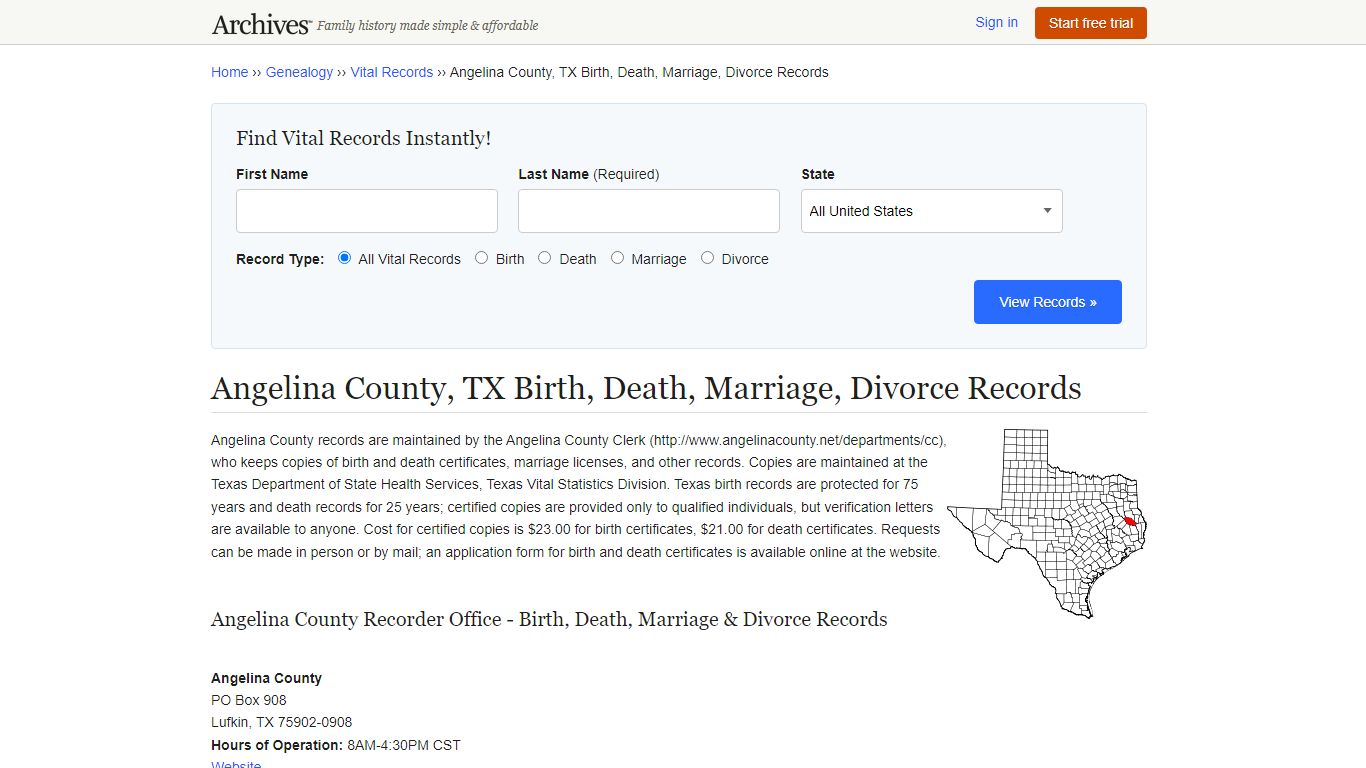 Angelina County, TX Birth, Death, Marriage, Divorce Records